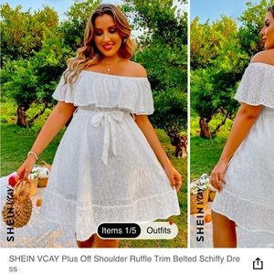 Plus off the shoulder ruffle trim belted dress